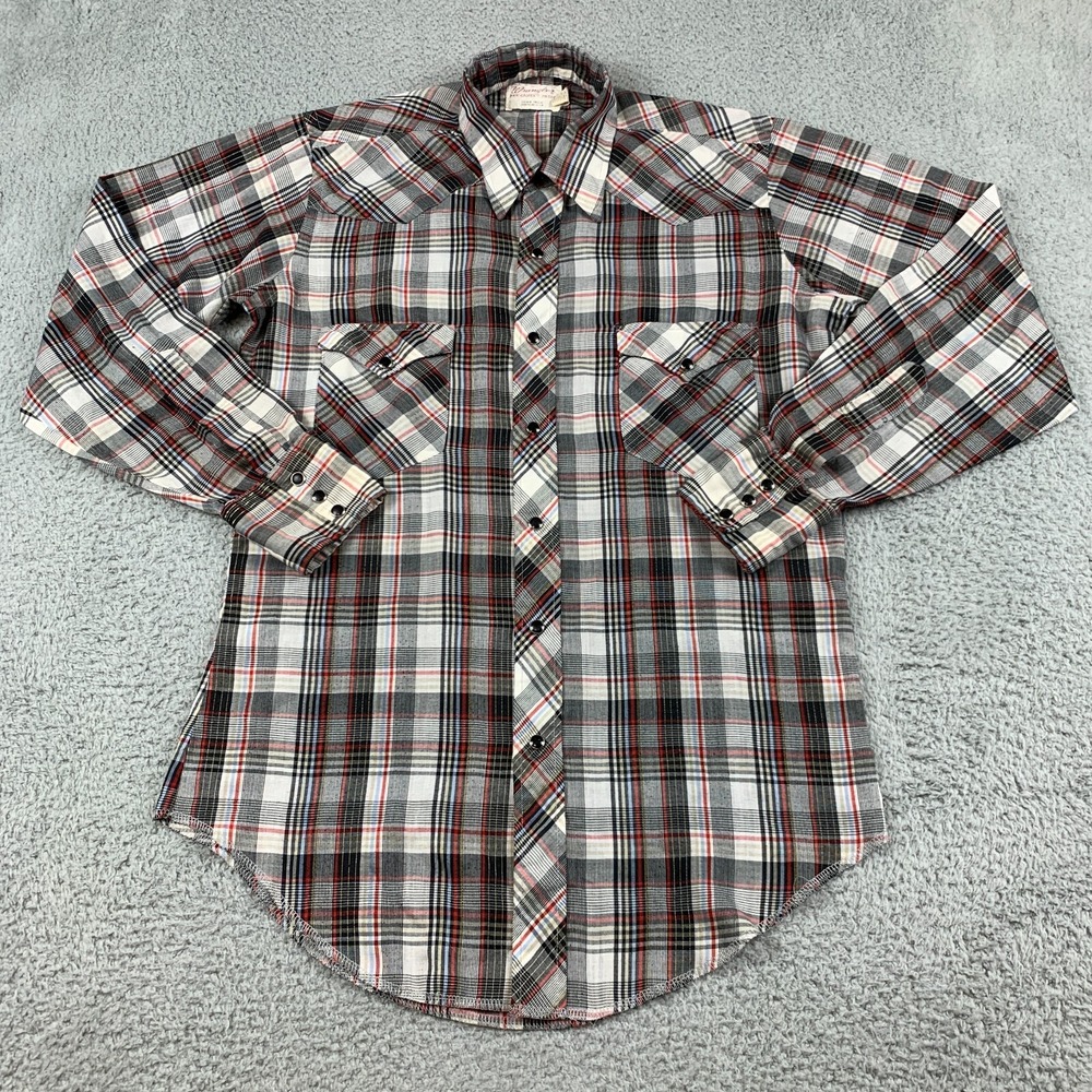 Vintage Wrangler Shirt Mens 15/33 Grey Plaid Western Pearl Snap 70's Made In USA